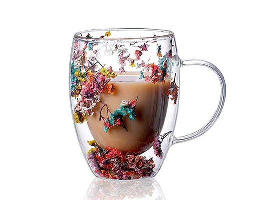 Flowery Double Wall Glass Mug 350 ml - 12 cm