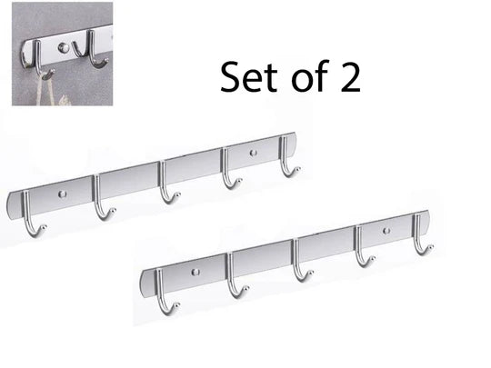 Set of 2 Stainless Steel Wall Mounted 5 Hooks Hanger