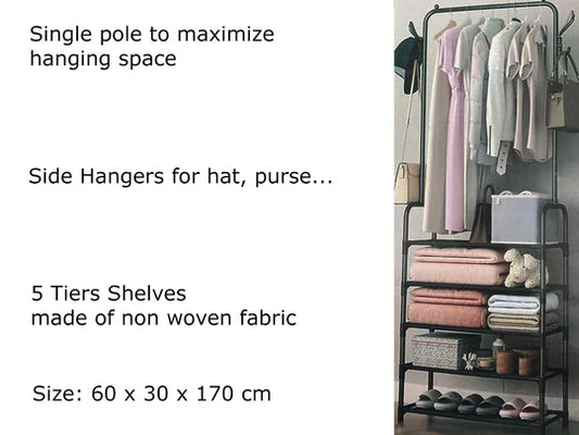 Single Pole Garment Rack with 5 Non woven Shelves