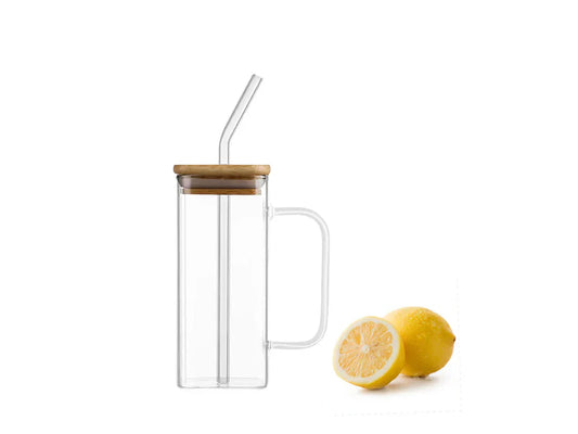 Square Smooth Clear Glass Drinking Mug with Bamboo Lid a