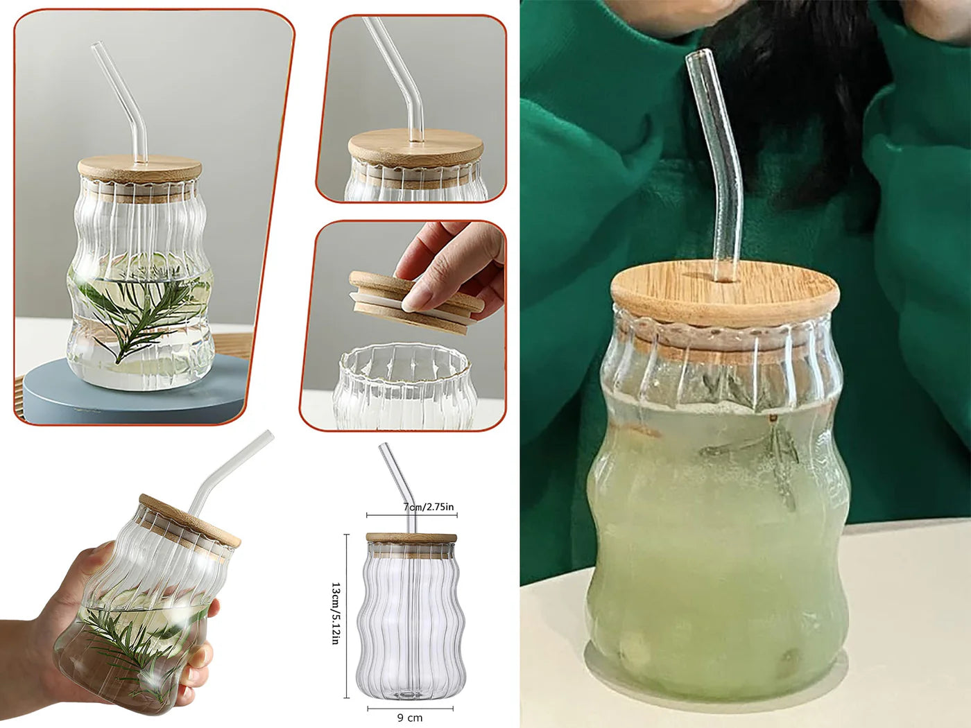 Wavy Glassware Drinking Cup with Bamboo Lid and Glass St