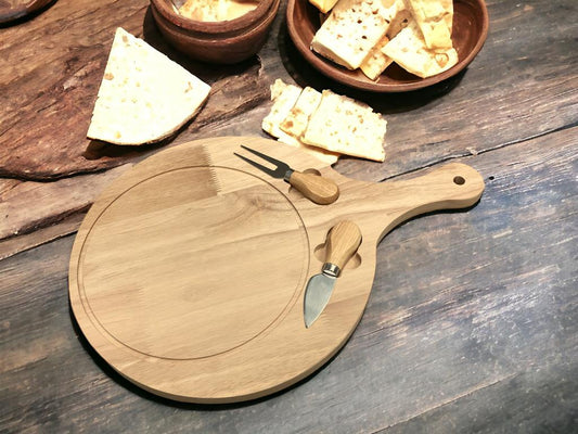 Wooden Round Cheese Board with Long Handle and 2 Knives